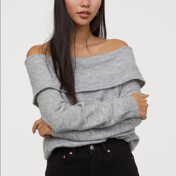 Slouchy oversized grey fold off shoulder sweater - Picture 1 of 4